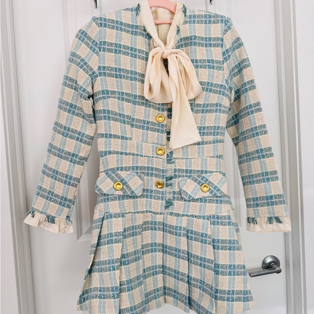 Plaid Long-Sleeve Dress with Bow